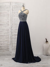 Dark Blue Chiffon Beads Long Prom Dress, Blue Evening Dress